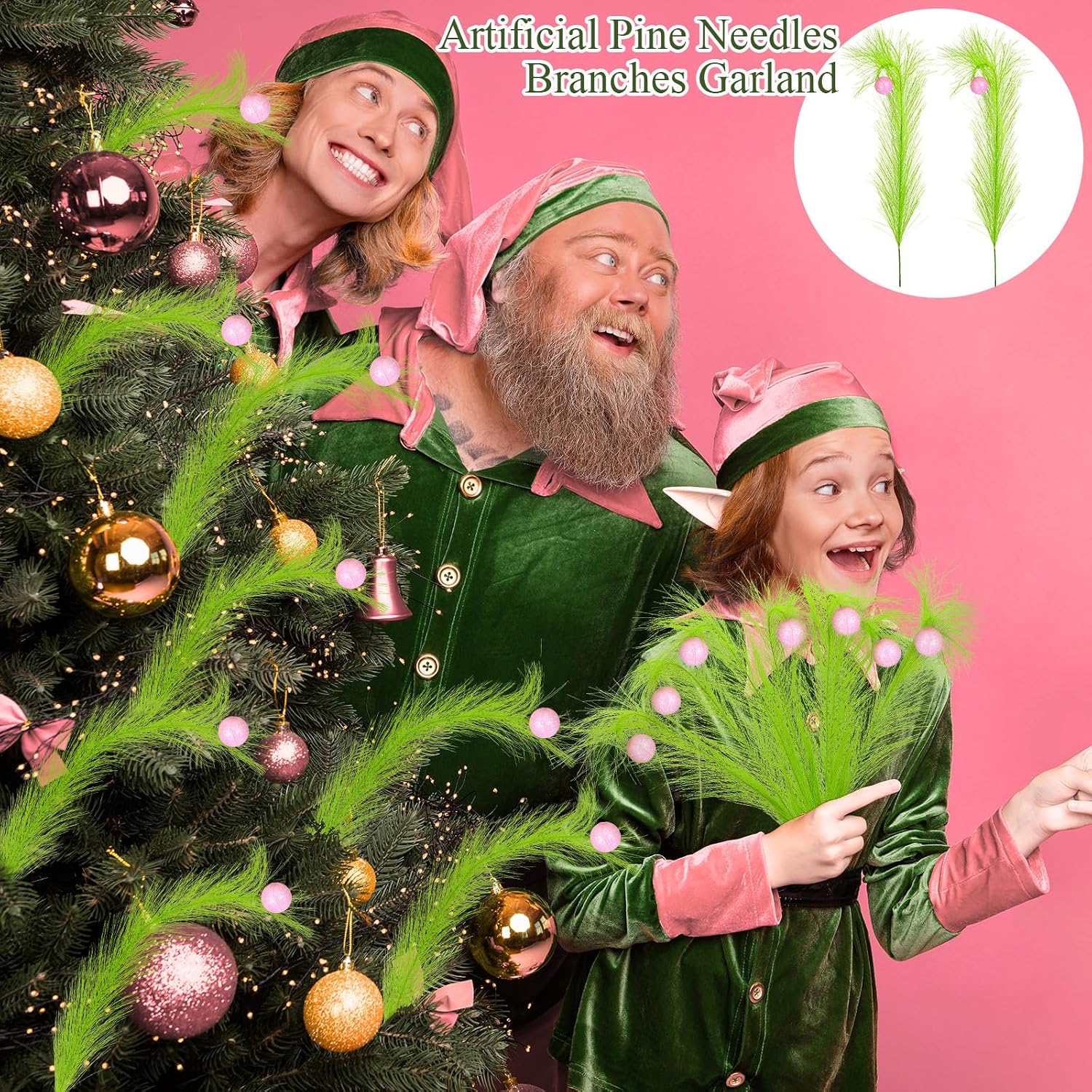 8 Pcs Christmas Tree Topper 17'' Lime Green Curly Tree Picks with Pink Ball Xmas Curly Stems for Christmas Home Wreath Craft Decoration Supplies