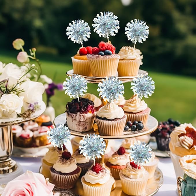 Ephlyn 30Pcs Foil Firework Cupcake Toppers Happy Birthday Cake Toppers Tinsel Flower Drink Stirrers Cocktail Food Fruit Toothpicks for Valentine's Day Party Decorations Silver