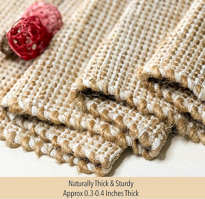 Chardin home Natural Jute Table Runner 13x72 Inch – Vintage Boho Rustic Table Decor – Handwoven Table Runner in Natural Jute and Ivory – Farmhouse Dining or Console Table Accent