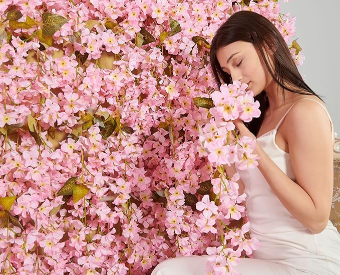 Flower Garland, Artificial Hydrangea Vine Flowers, Hanging Fake Hydrangeas Vine for Room Anniversary Wedding Birthday Christmas Wall Arch Decor, 2 Pcs, Floral Garland, Light Pink Flower
