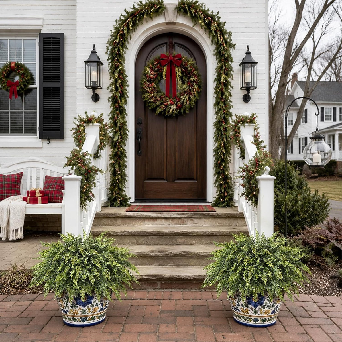 2Pcs Artificial Cedar Potted Plant Christmas Greenery for Front Porch Decor