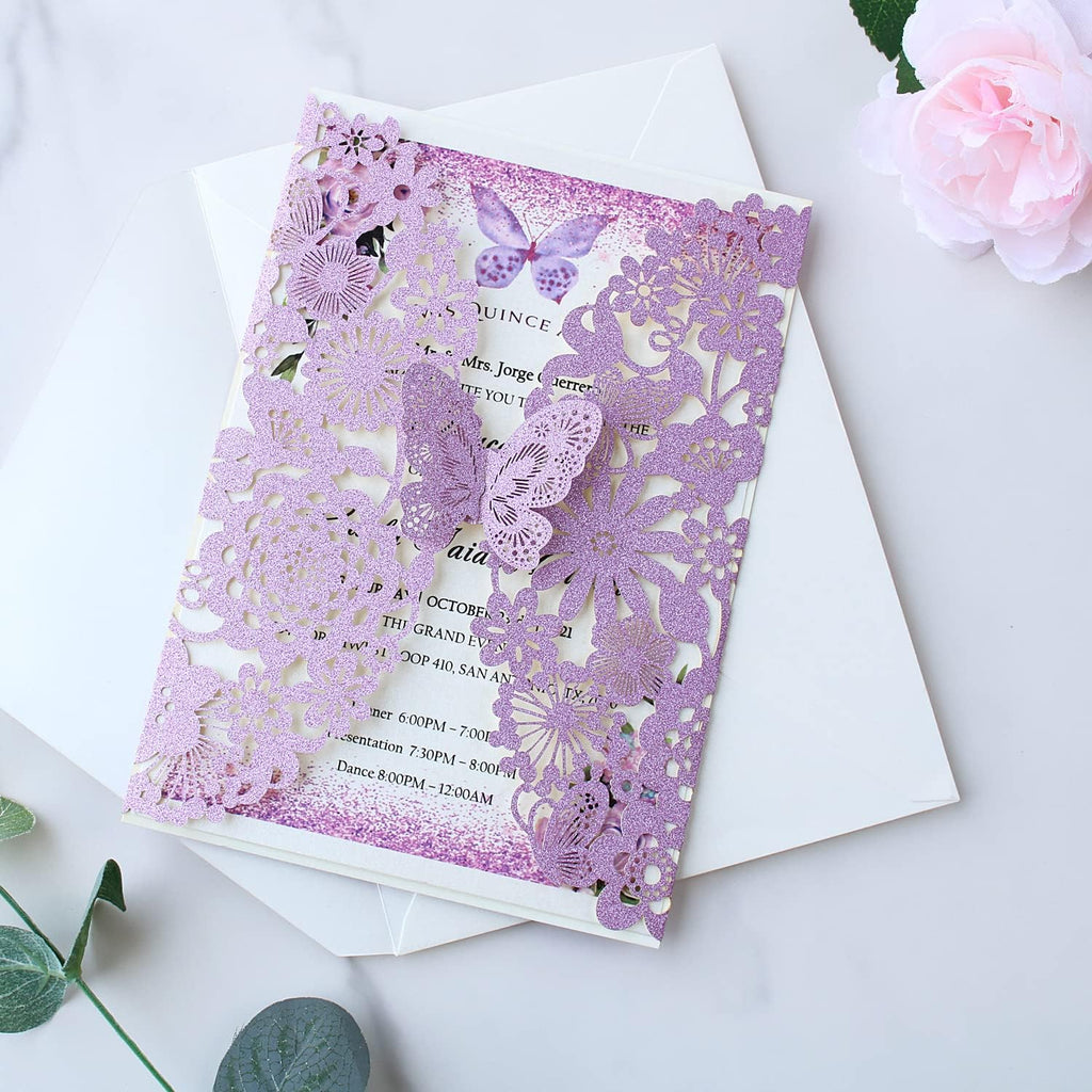 Hosmsua 20PCS 5.12 x 7.3 Blank Purple Quinceanera Invitation Kit with Butterfly Laser Cut Lace Flora Invitations for Wedding Quinceañera Sweet 16 Birthday Wedding Invitation (Purple Glitter)