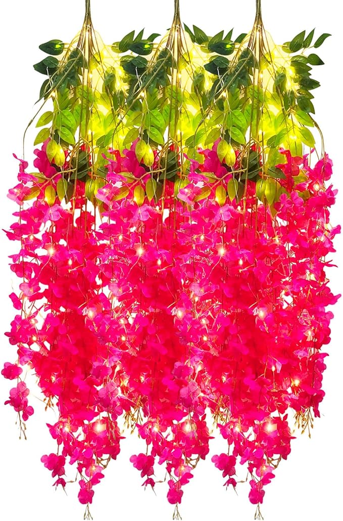 12 Pack Fuchsia Wisteria Hanging Flowers Garland with Lights, 3.44 Feet Artificial Flower Vines, Fake Wisteria, Artificial Vines Hanging Garland for Backdrop Outdoor Patio Garden Decor