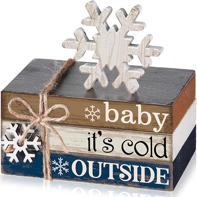4 Pcs Winter Christmas Decor Winter Table Decorations Christmas Tiered Tray Decor Centerpiece Decorations Indoor Rustic Wooden Snowflake Block Sign Gift Farmhouse for Home Kitchen Shelf
