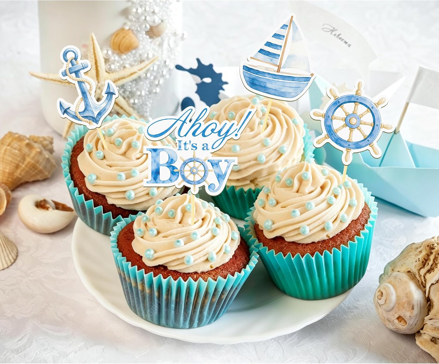 24 Pcs Ahoy It's a Boy Cupcake Toppers, Ahoy Its a Boy Baby Shower | Food Fruit Picks for Decoration Party Favors