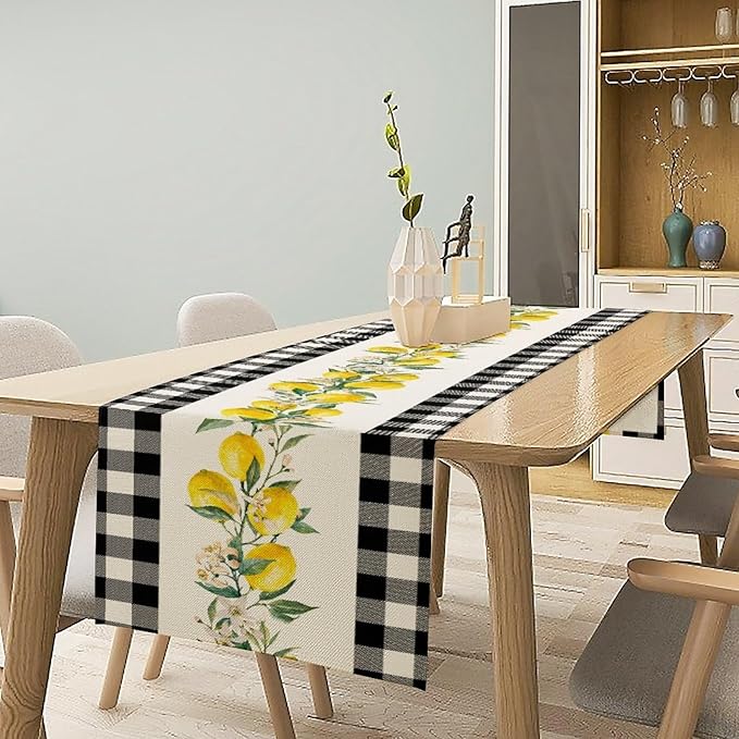 Lemon Table Runner,Black Buffalo Plaid Lemon Table Runner Farmhouse Style Spring Summer Home Kitchen Dinding Room Table Decoration 13x120 Inch