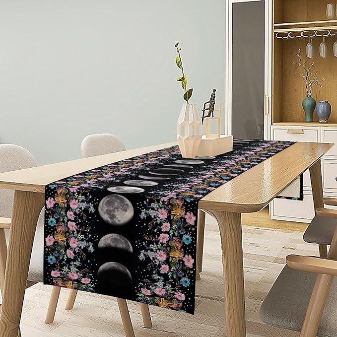 Boho Floral Moon Table Runner, Spring Flower Leaves Mystical Gothic Sun Moon Table Runner for Kitchen Dining Table Home Party,13x70 Inch Purple