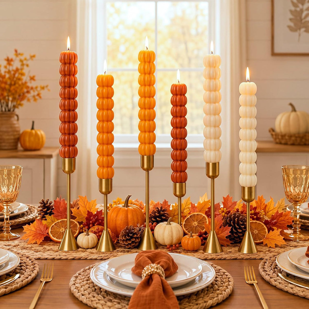 6 Pcs Thanksgiving Candlesticks Fall Candles Pumpkin Taper Smokeless 7.16'...