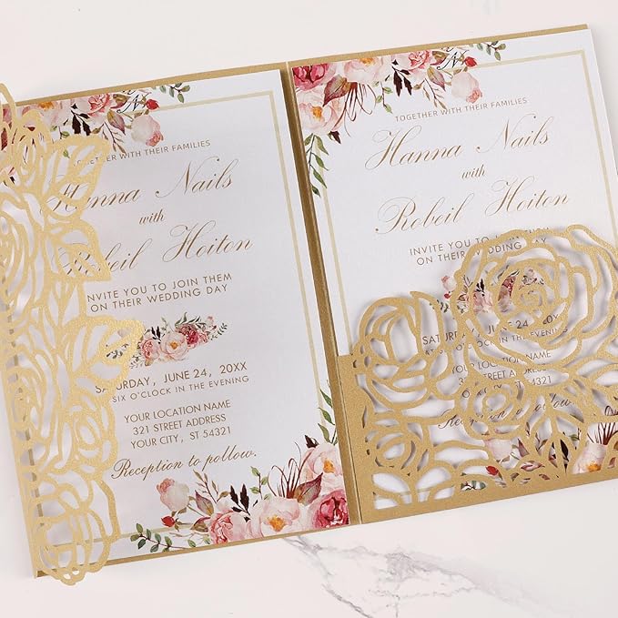 50pcs Gold Laser Cut Wedding Invitations Card Pocket with Envelope and RSVP Cards 5x7 '' Tri-Fold Wedding Invitation Kit for Wedding Engagement Bridal Shower Birthday Quinceanera Party Invite