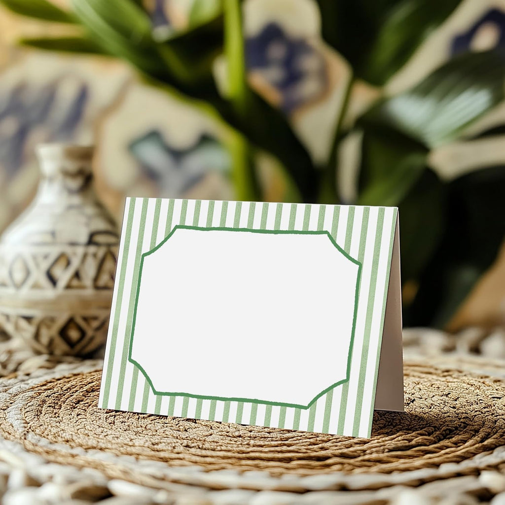 Elegant Green Striped Place Cards for Table Setting, 2 x 3.5" Escort Cards, 25 Watercolor Tent Cards Food Label for Dinner Party, Wedding, Bridal Shower, Baby Shower, Birthday Party Supplies