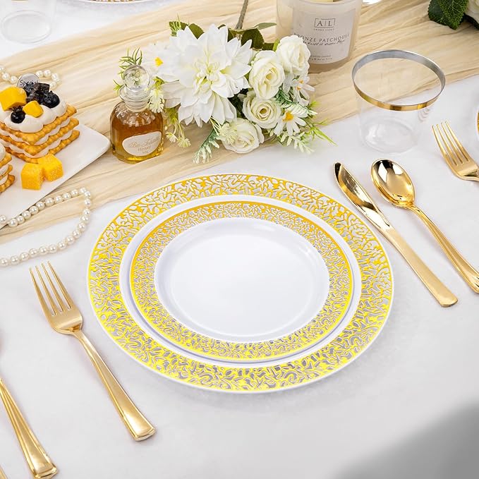WELLIFE 210Pcs Gold Plastic Dinnerware - Disposable Silverware and Cups, Include:30 Dinner Plates, 30 Dessert Plates, 30 Paper Napkins, 30 Cups, 30 Gold Plastic Cutlery Set for Party, Wedding