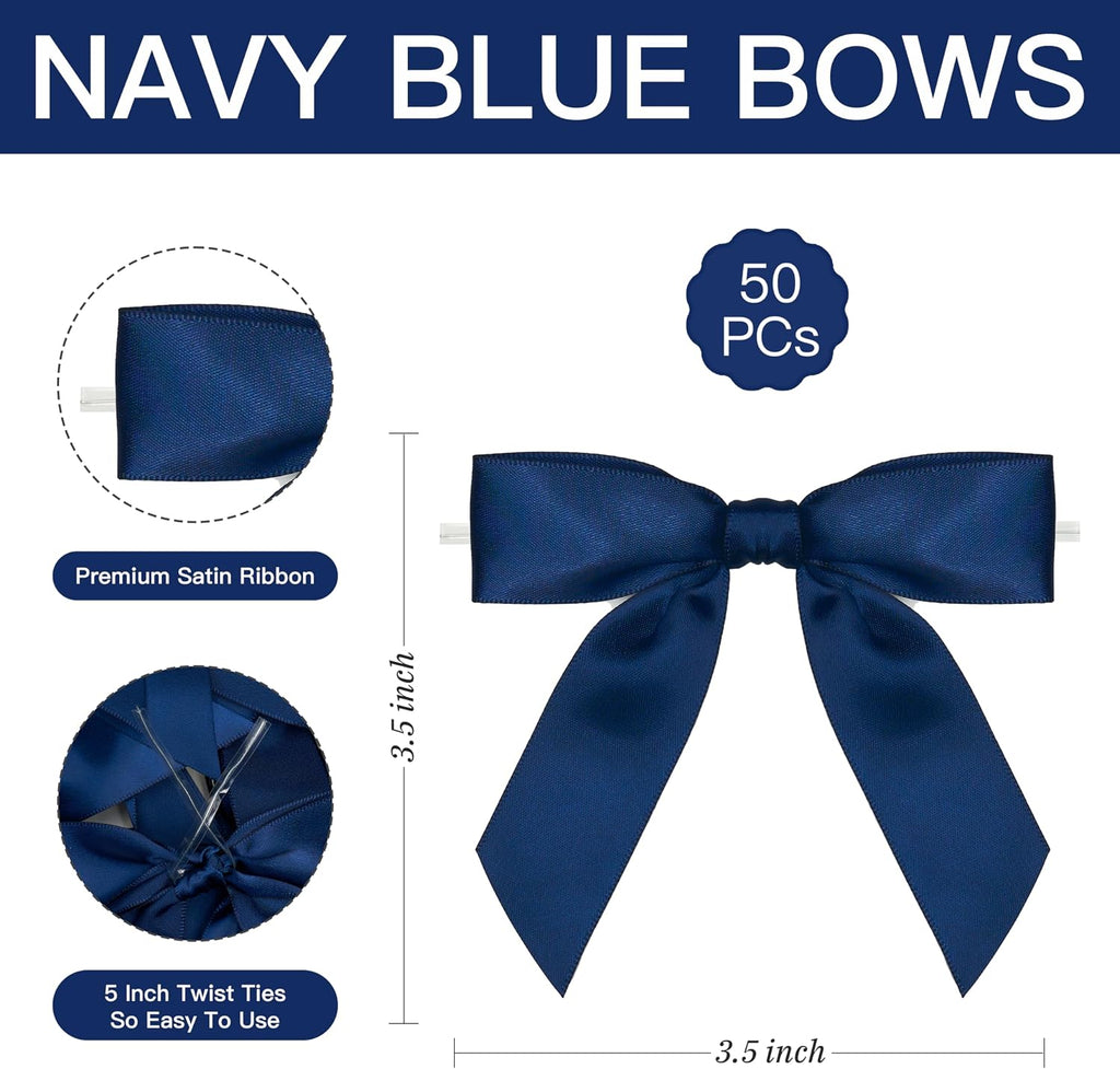 Blue Twist Tie Bows for Treat Bags 3.5" Pre-Tied Blue Bows Navy Satin Ribbon Bows for Gift Wrapping Premade Bows for Crafts, Party Favors, Wedding, Baby Shower Decorations (50 Pack)