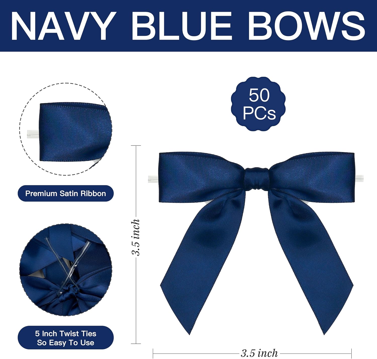 Blue Twist Tie Bows for Treat Bags 3.5" Pre-Tied Blue Bows Navy Satin Ribbon Bows for Gift Wrapping Premade Bows for Crafts, Party Favors, Wedding, Baby Shower Decorations (50 Pack)
