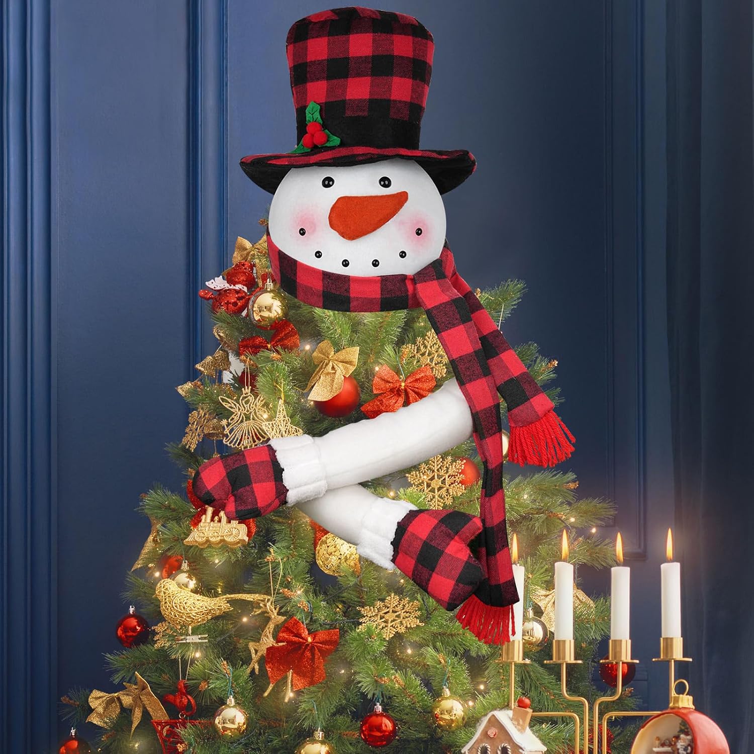 Christmas Snowman Tree Topper, Large Plush Snowman Treetop Hugger with Red and Black Buffalo Plaid Hat & Scarf, Fluffy Xmas Tree Ornament Holiday Winter Wonderland Home Party Decorations Supplies