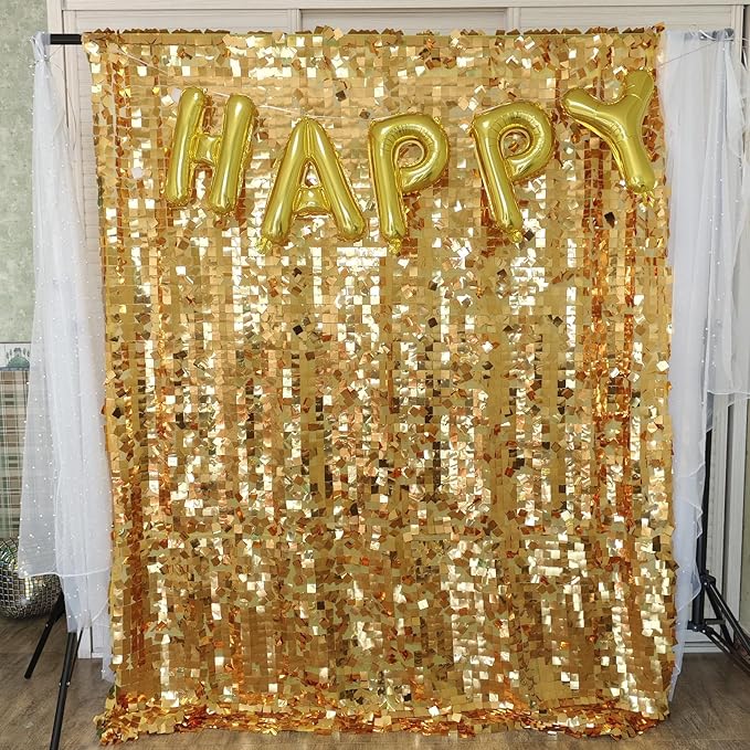 Gold Square Sequin Backdrop 8ft * 8ft 1 Panel, Shimmer Wall Backdrop Photobooth Props for Wedding, Anniversary, Birthday, Party Decorations