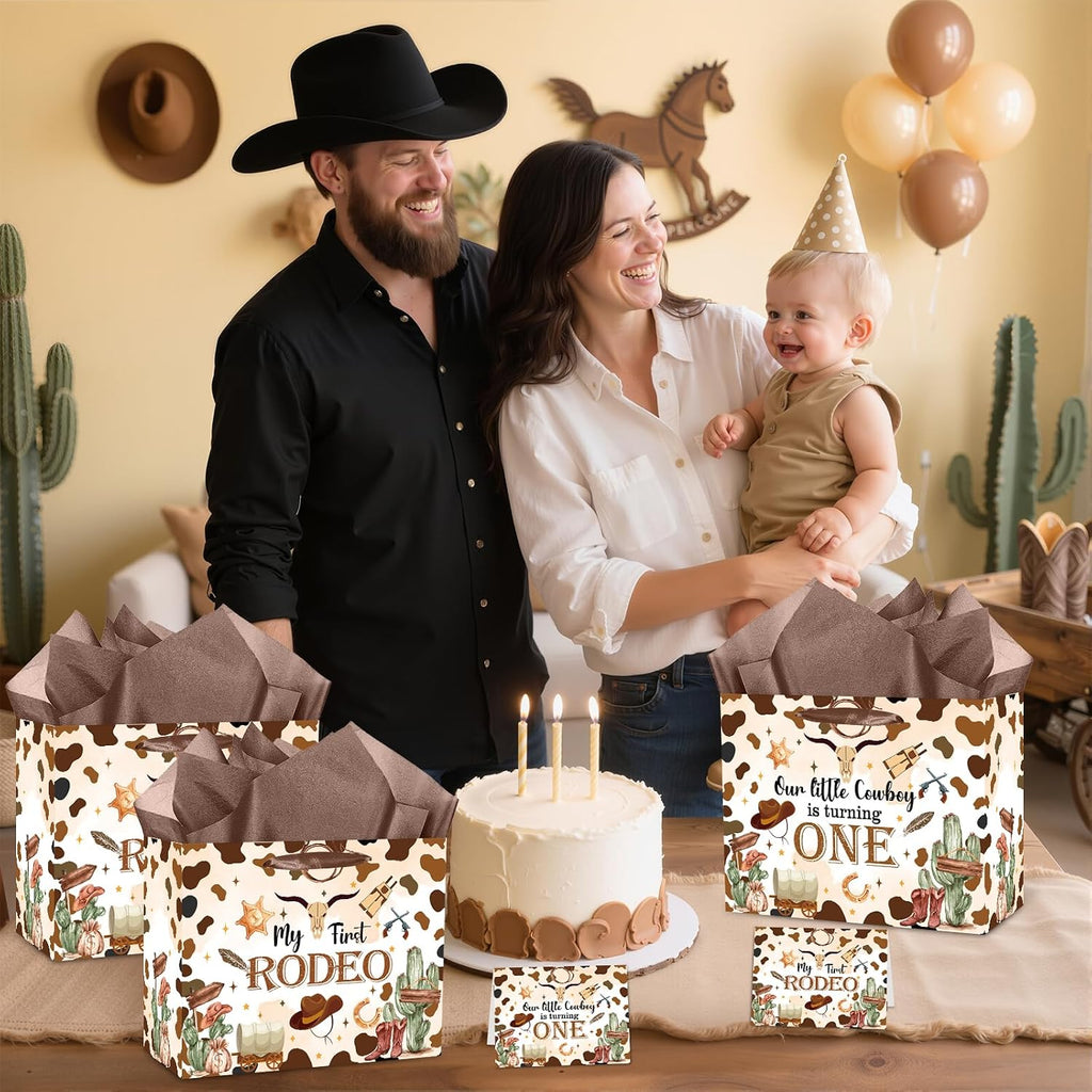 My First Rodeo Birthday Gift Bag Our Little Cowboy is Turning One Gift Bag with Tissue Paper Card Brown Wild West Western 1st Gift Wrapping Paper for Baby Boy Cowboy One Year Old Birthday Party Supply