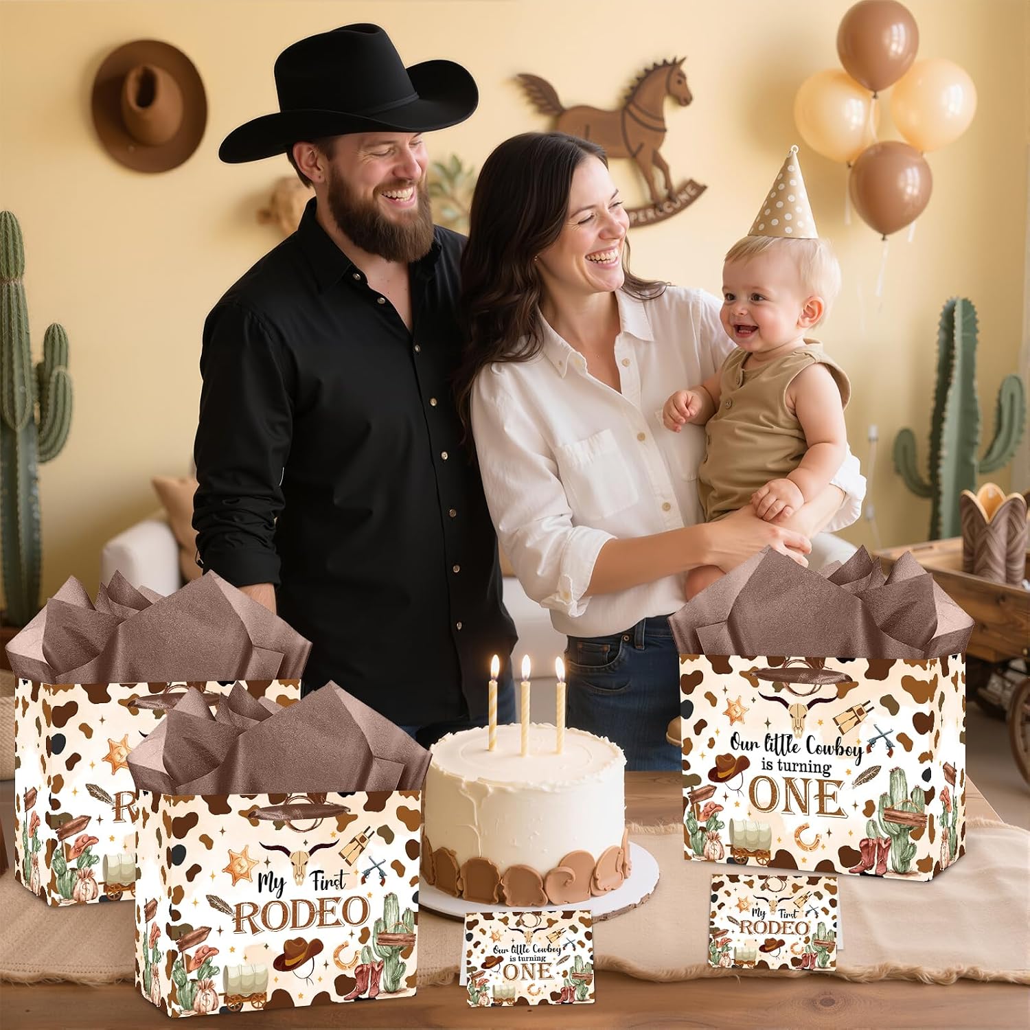 My First Rodeo Birthday Gift Bag Our Little Cowboy is Turning One Gift Bag with Tissue Paper Card Brown Wild West Western 1st Gift Wrapping Paper for Baby Boy Cowboy One Year Old Birthday Party Supply