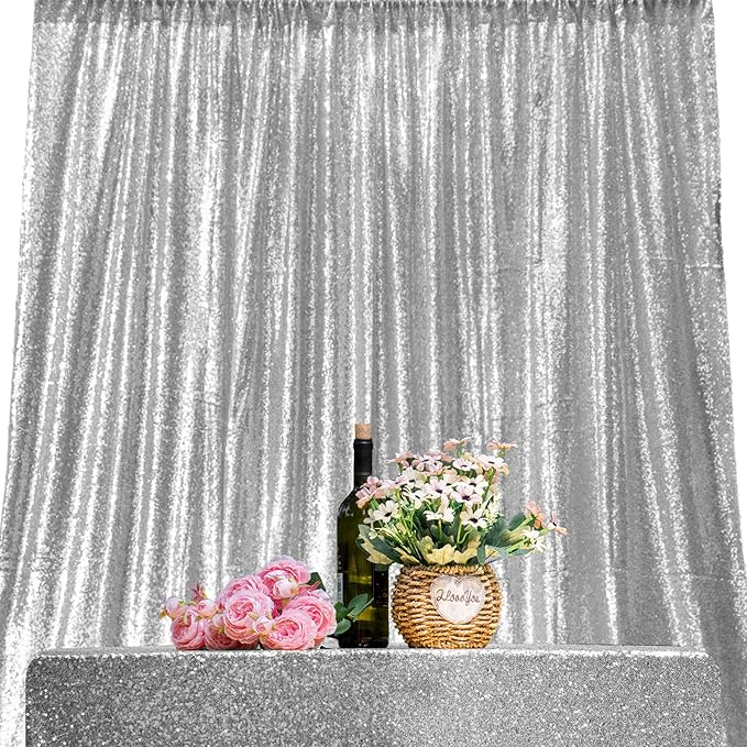 JYFLZQ Silver Sequin Backdrop Curtains 8ft x 8ft 1 Panel Glitter Photo Booth Backdrops Sparkly Photography Background Drapes for Parties Wedding Bridal Showers
