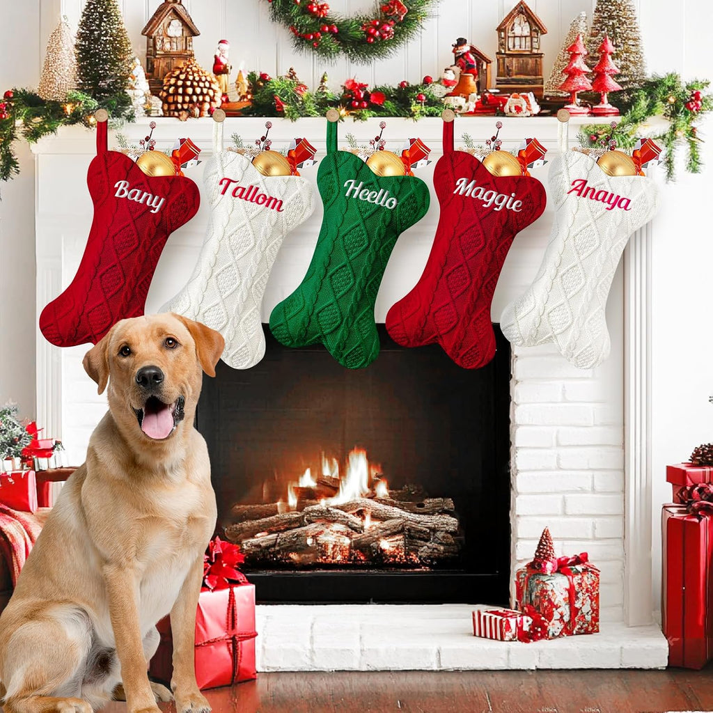 NIBESSER Personalized Dog Christmas Stockings Custom Name Knit Christmas Stockings 16.7” Large Xmas Stocking for Dogs Cats Pet Bone Shape Rustic Farmhouse Fireplace Hanging Ornament