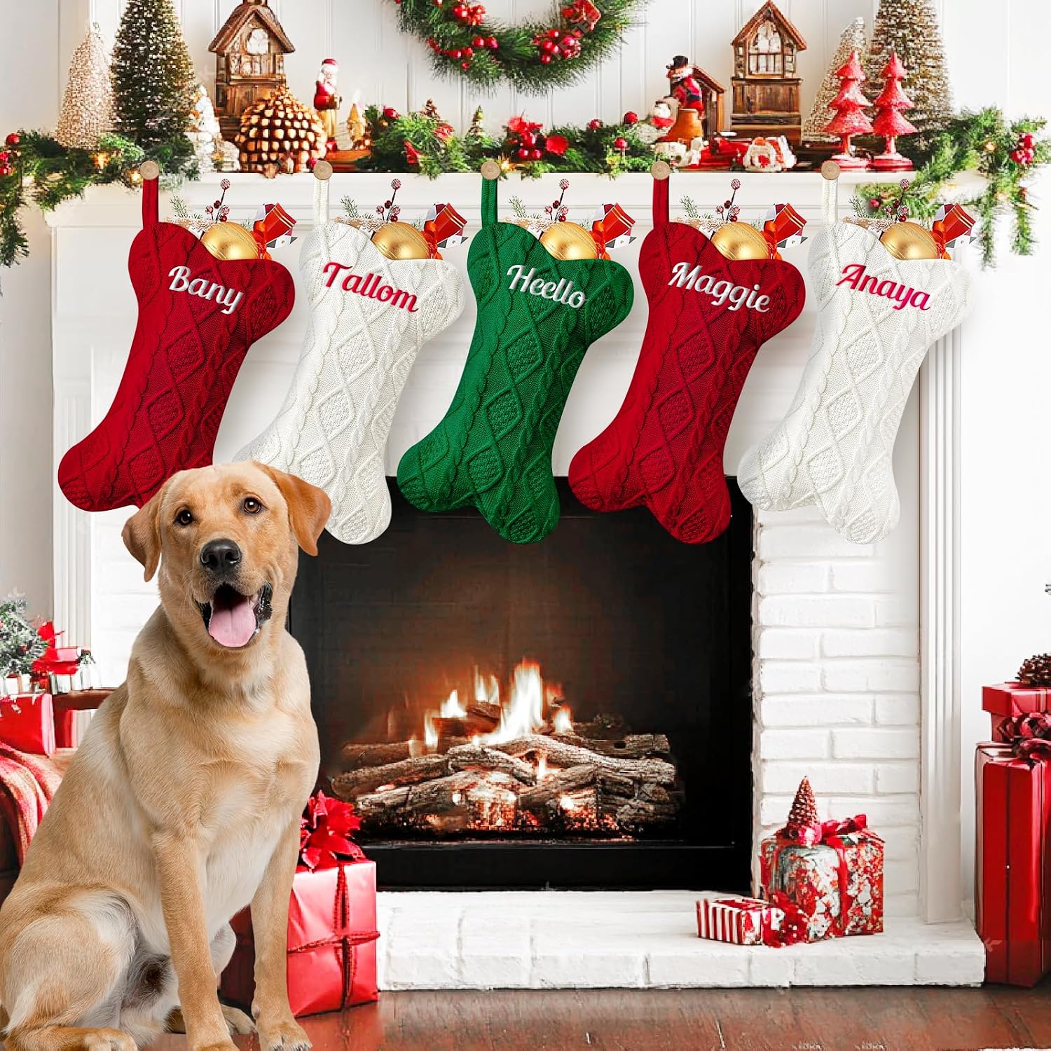 NIBESSER Personalized Dog Christmas Stockings Custom Name Knit Christmas Stockings 16.7” Large Xmas Stocking for Dogs Cats Pet Bone Shape Rustic Farmhouse Fireplace Hanging Ornament