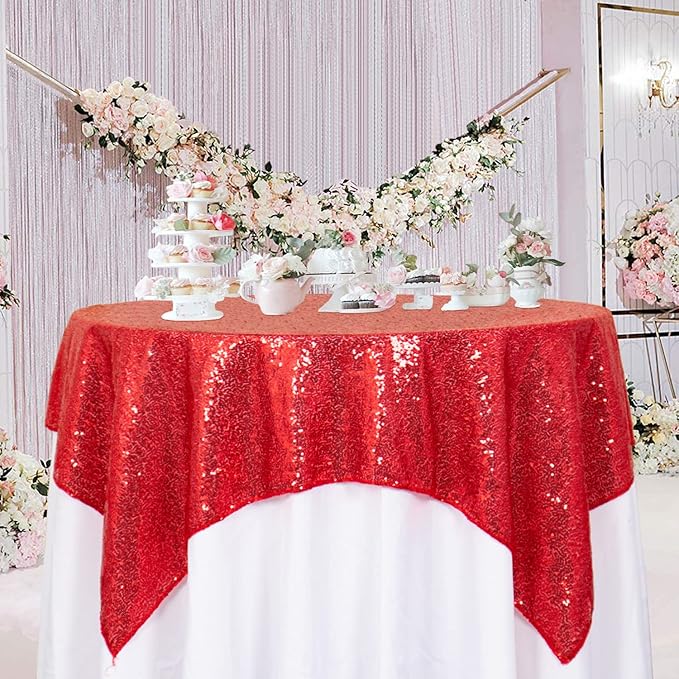 ShinyBeauty Sequin Tablecloth Square 54x54-Inch Red Table Cloths for Round Table Red Sequins Fabric Overlay Glitter TableCloths Linen for Party Small Cover for Wedding Reception