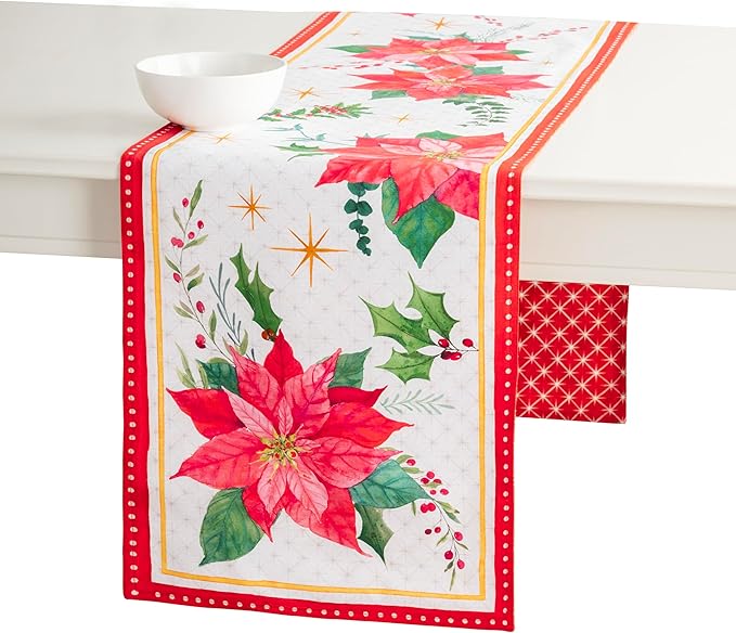 Maison d' Hermine Table Runner 100% Cotton Double Layer Table Runners 72 inches Long for Thanksgiving Christmas Decorations Home Kitchen Dining Party Wedding (Poinsettia Christmas, 14.5" x 72")