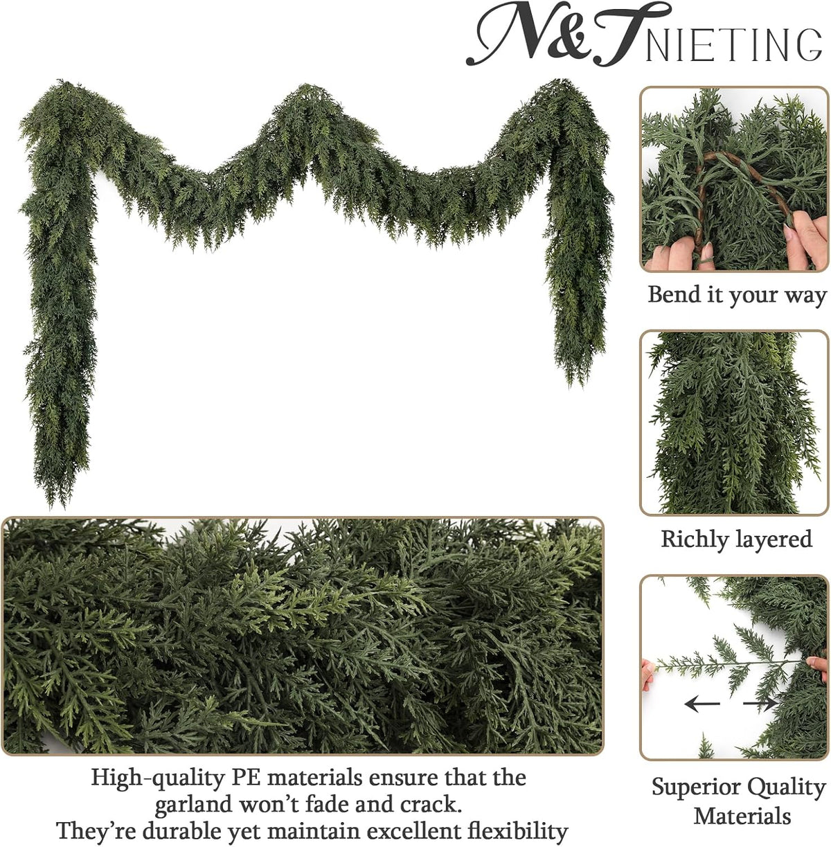 9ft christmas cedar garland, real touch soft greenery, close-up detail