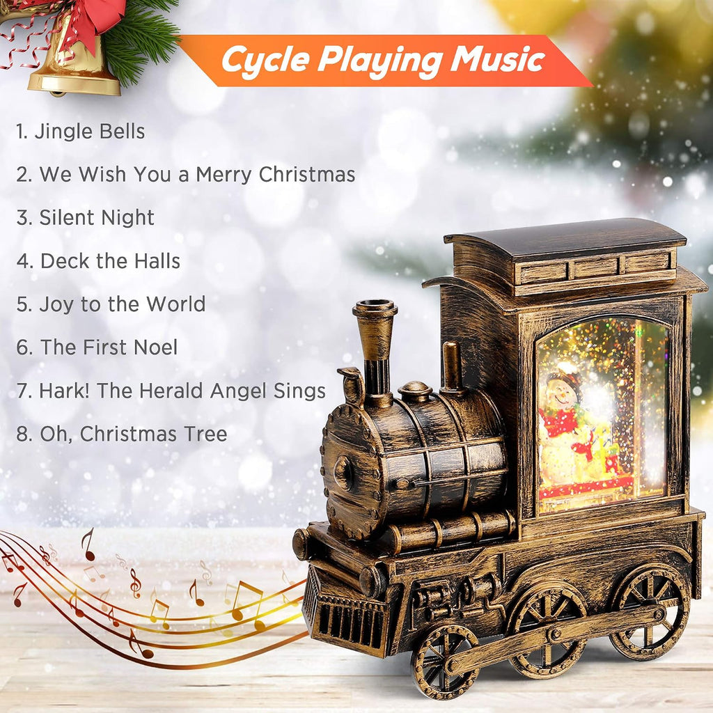 IPOW Christmas Snow Globe Lantern Train with Water Swirling Glitter, Musical and Lighted 6 Hours Timer USB Powered & Battery Operated Music Box for Christmas Home Decoration Gift, Snowman Scene