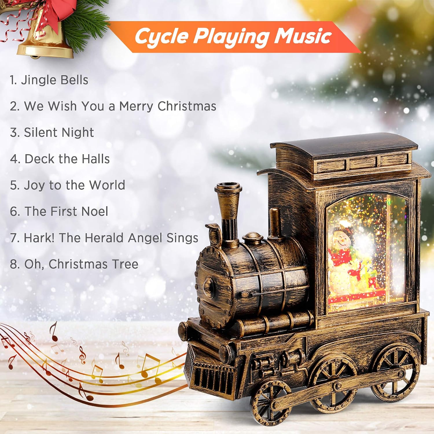 IPOW Christmas Snow Globe Lantern Train with Water Swirling Glitter, Musical and Lighted 6 Hours Timer USB Powered & Battery Operated Music Box for Christmas Home Decoration Gift, Snowman Scene