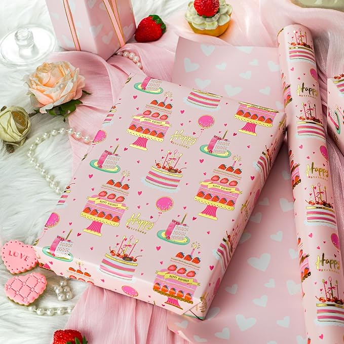 Yarcony Girls Birthday Wrapping Paper Roll, Pink Gift Wrapping Paper,Metallic Foil Pink Cartoon-Style Birthday Cakes Gift Wrap for Kid Party,Baby Shower,Wedding, Holiday,Christmas(17 Inch X 33 Feet)