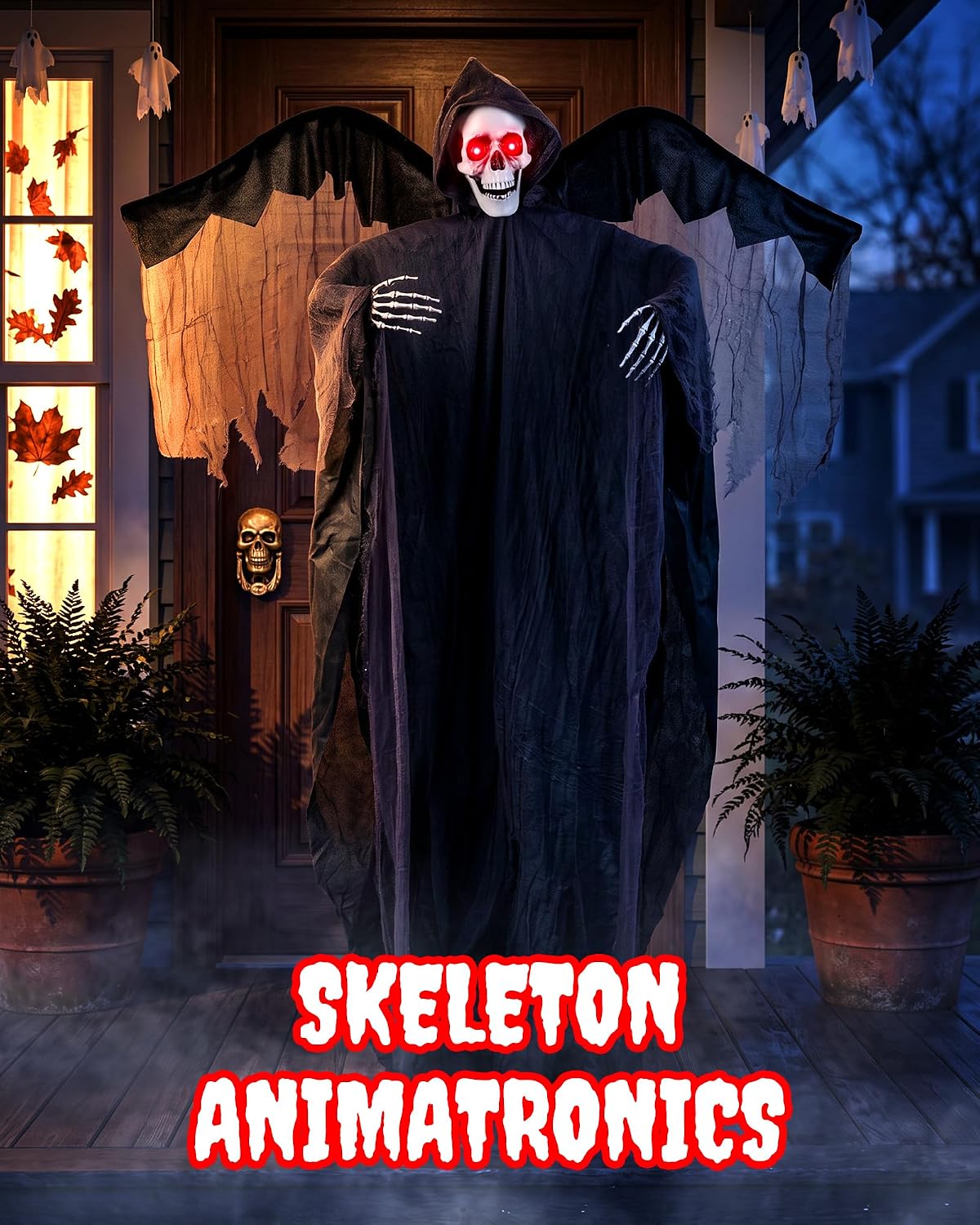 74'' Sound Activated Animatronics Skeleton, Outdoor Halloween Skeleto...