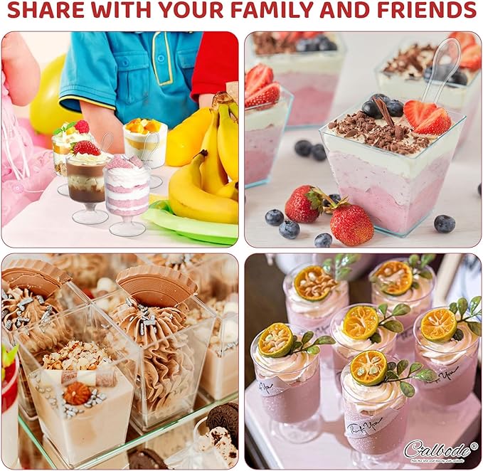 300 Packs Dessert Cups with Spoons, 5 OZ Mini Clear Plastic Disposable Parfait Cups, Small Serving Bowl for fruit ice cream pudding, Square Dessert Shot Glasses Round Goblets for Fall party