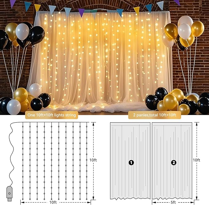 10×10ft Tulle Backdrop Curtains with Lights String - 300LED Fairy Lights Sheer Curtain Backdrop for Weddings Baby Shower and Birthday Party Decorations(8 Panels 5×10ft)