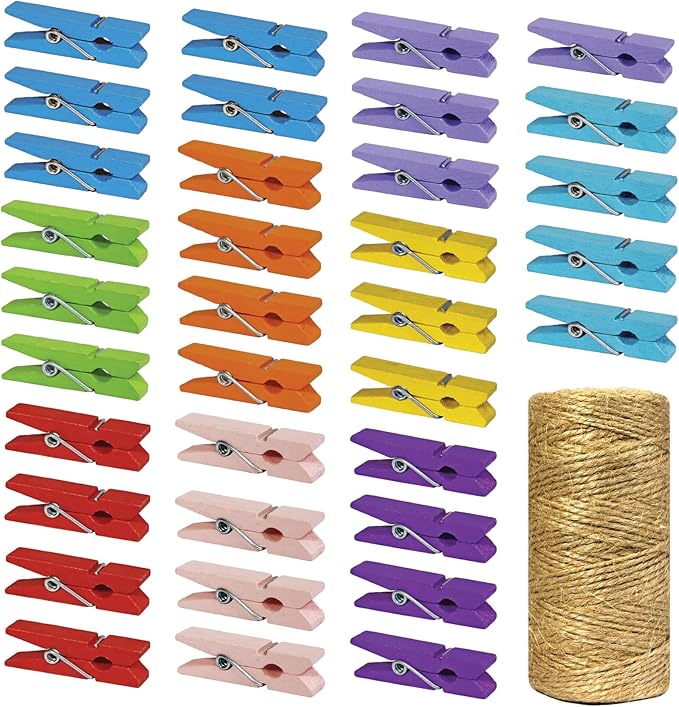 Mini Natural Wooden Clothespins with Jute Twine, 100pcs, 1.4 Inch Photo Paper Peg Pin Craft Clips with 320ft Natural Twine for Scrapbooking, Arts & Crafts, Hanging Photos (Assorted Colors)