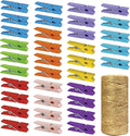 Mini Natural Wooden Clothespins with Jute Twine, 100pcs, 1.4 Inch Photo Paper Peg Pin Craft Clips with 320ft Natural Twine for Scrapbooking, Arts & Crafts, Hanging Photos (Assorted Colors)