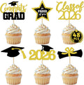 48 PCS Graduation Cupcake Toppers, 6 Styles Congrats Grad Cake Topper, Black and Gold Graduation Decorations 2026, Glittery Cap and Diploma Cake Picks for Grad Party Decor Supplies