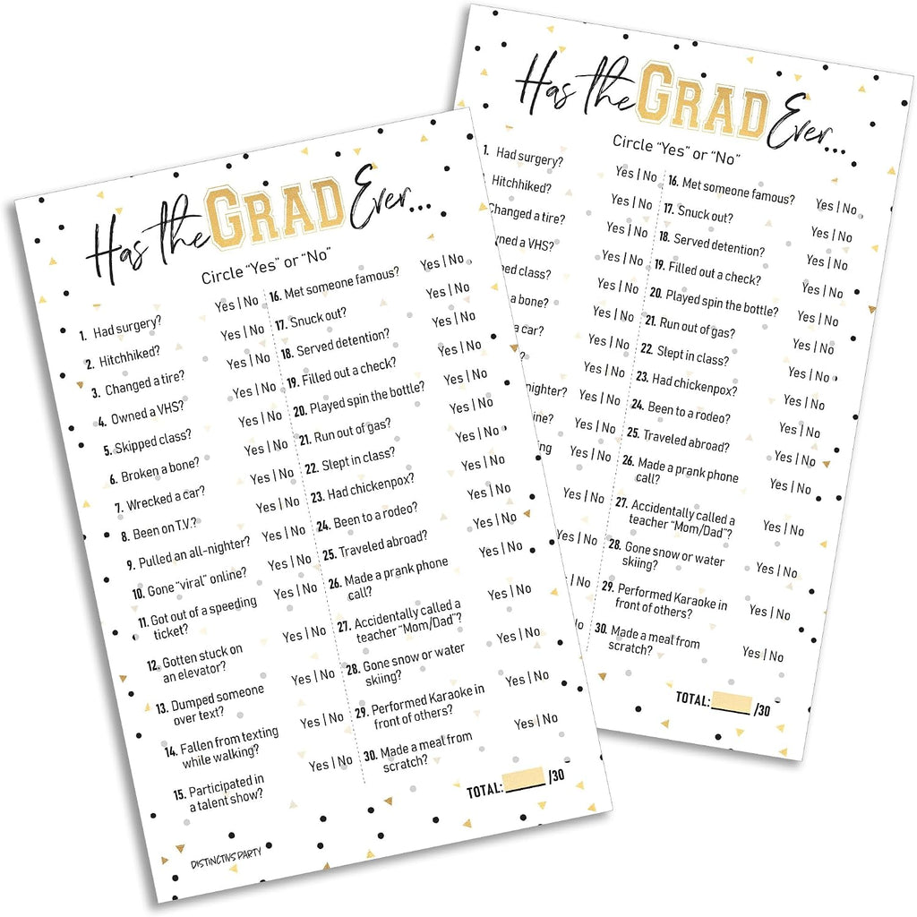 DISTINCTIVS Has The Grad Ever Graduation Party Game, 25 Cards | 5.5" x 8.5" Cards, Never Have I Ever Style, Grad Fills Out Answer Key in Advance, Idea Theme Activity
