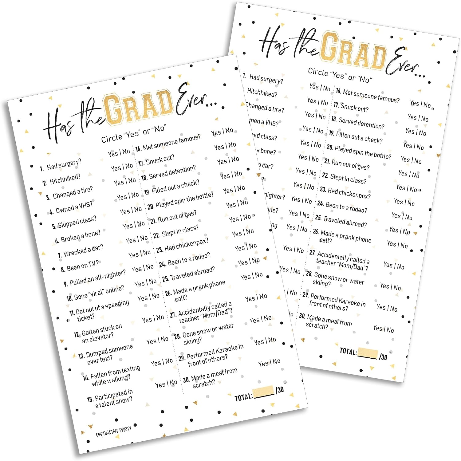 DISTINCTIVS Has The Grad Ever Graduation Party Game, 25 Cards | 5.5" x 8.5" Cards, Never Have I Ever Style, Grad Fills Out Answer Key in Advance, Idea Theme Activity