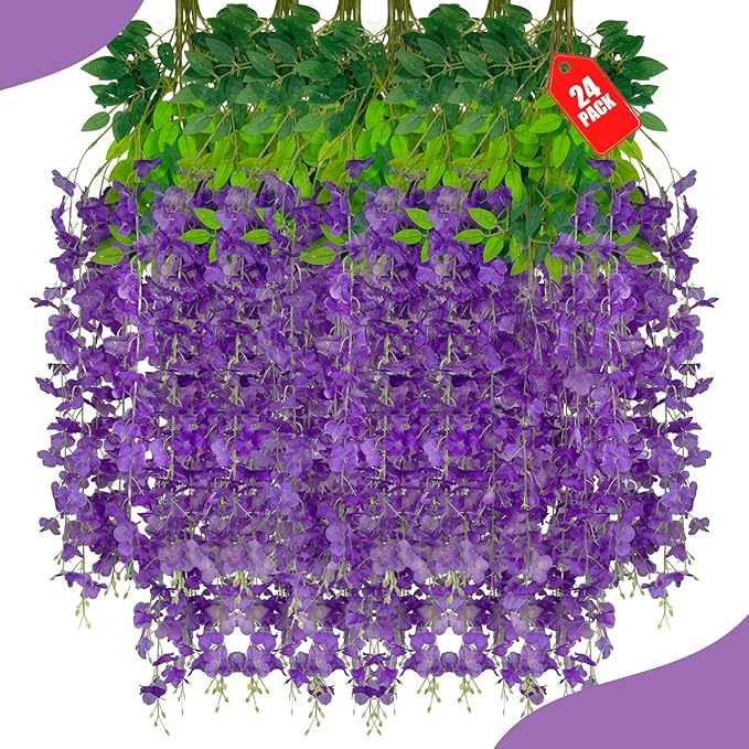 24Pack Purple Wisteria Hanging Flowers, 3.44 Ft Fake Hanging Flowers, Artificial Wisteria Garland Vines for Wedding Room Backdrop Outdoor Patio Garden Decoration
