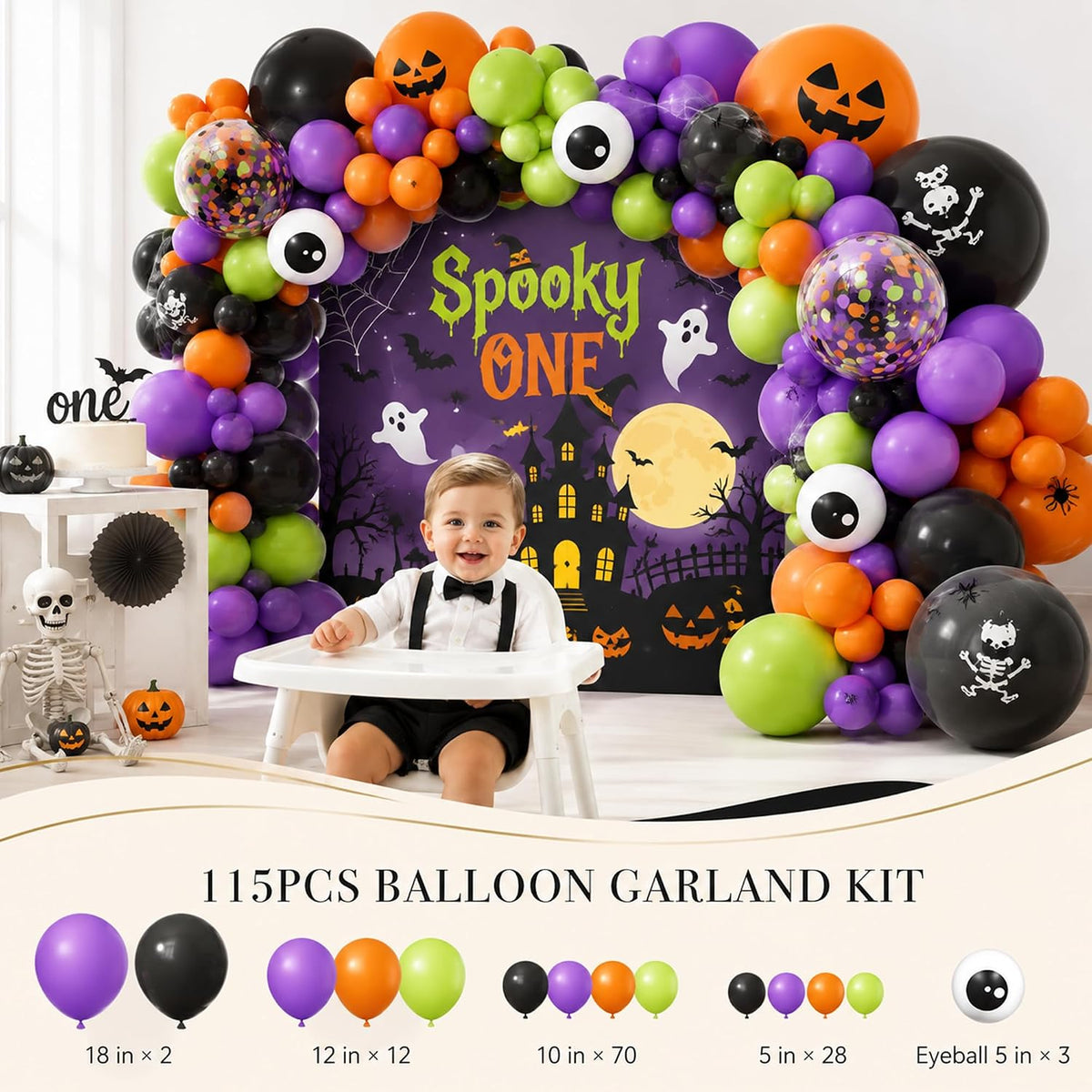 halloween 1st birthday party decorations,spooky one birthday supplies showing dimensions
