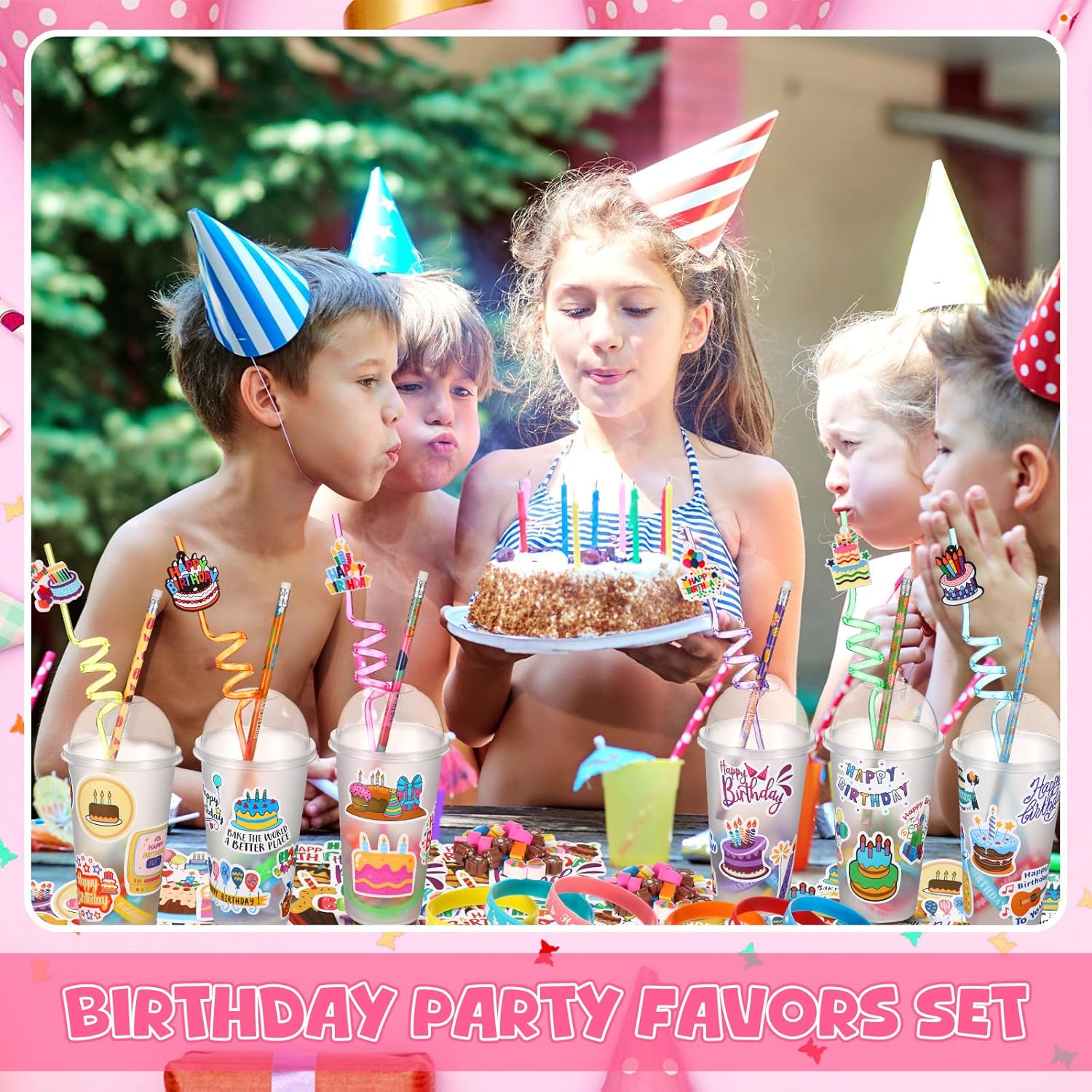 Baderke 24 Sets Birthday Gifts Party Favors Set Include Reusable Cups with Dome Lids Straw Decoration Pencil Heart Eraser Silicone Bracelet Stickers (Birthday A)