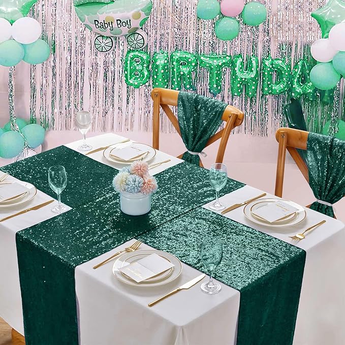 Sequin Table Runners 10 Pieces Emerald Green Table Runners 12x72 Inch Glitter Dining Table Cover for Party Wedding Birthday Reception Banquet Decoration Spring Party Chair Sashes