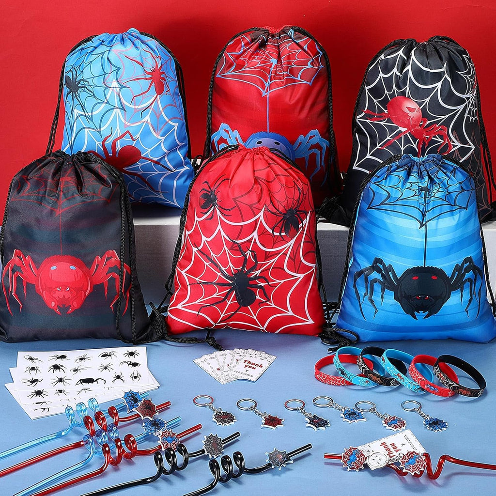 LemonRoad 73 Pcs Spider Party Favors Set Birthday Supplies Includes Drawstring Bags Backpack Keychains Bracelets Stickers Straws Tags for Birthday Party Favors Rewards Gifts