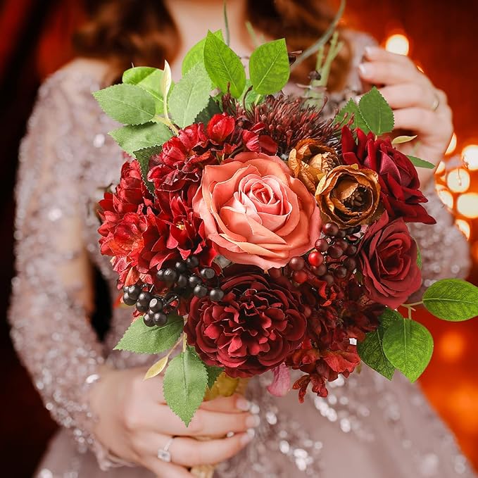 Artificial Flowers Combo Box Set Burgundy Silk Flowers for DIY Wedding Bouquet Arrangements Bridal Shower Party Home Decorations (Mature Burgundy)