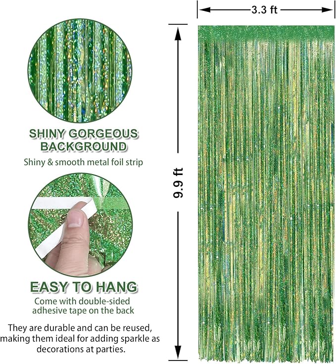 Crosize 2 Pack 3.3 x 9.9 ft Laser Green Foil Fringe Curtains Party Decorations, Laser Green Tinsel Curtain Backdrop for Parties, Door Streamers, Glitter Streamer Backdrop for Birthday Decoration