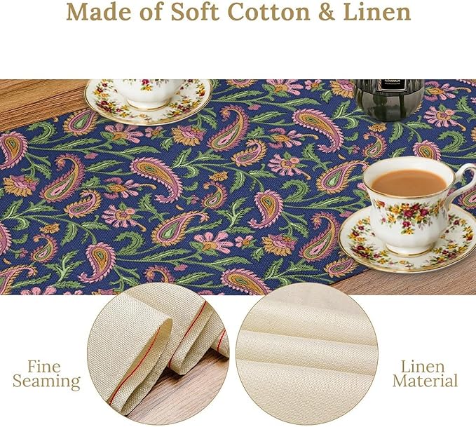 Colorful Paisley Floral Table Runner, Vintage Pink Purple Flowers Green Plants Leaves Print Table Runner for Kitchen Dining Table Indoor Outdoor Home Party, 13x108inch