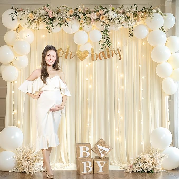 Light Champagne Backdrop Curtains with Lights String for Parties,10x10FT Wrinkle Free Wedding Photo Backdrop Curtains for Baby Shower Birthday Ceremony Reception Home Party Decorations-5ft x 10ft