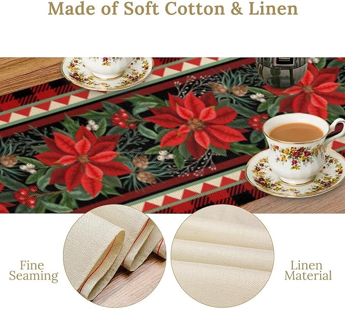 Christmas Table Runner,Seasonal Winter Xmas Holiday Plaid Table Cloth Kitchen Dining Table Decoration for Home Party Decor 13x36 Inch
