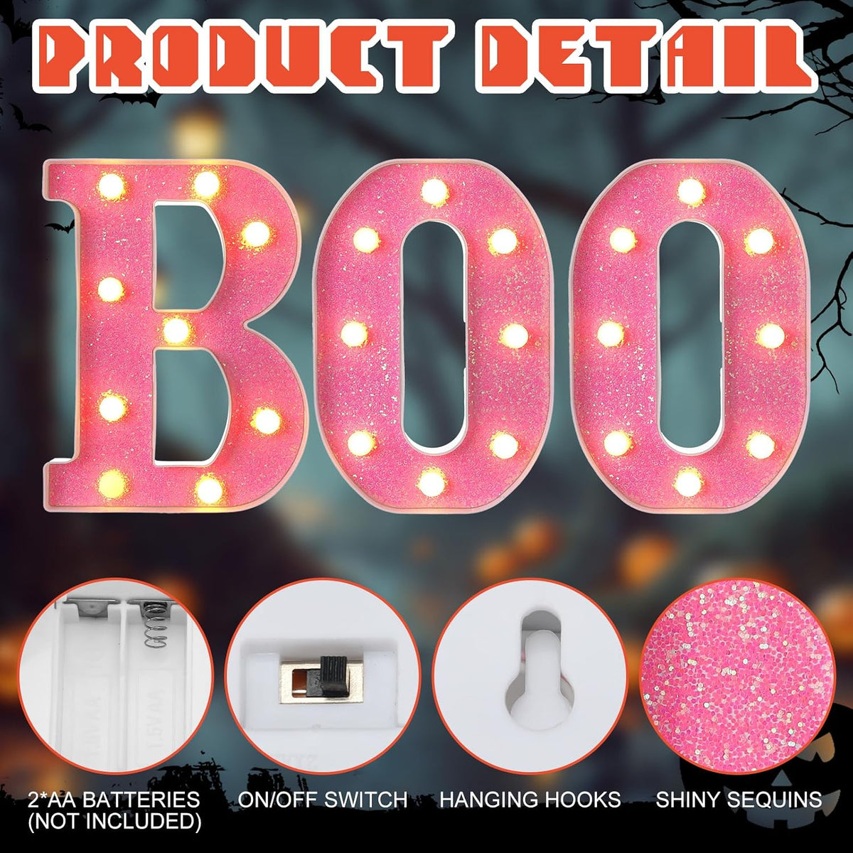 Baquler 3 Pcs Halloween Boo Sign Light up Marquee LED Letters,Pink