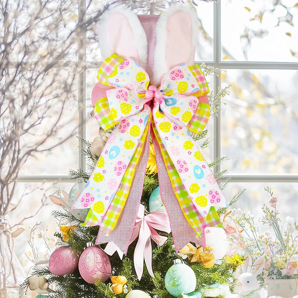 Easter Tree Topper Hat with Bunny Ears, Pink Velvet Top Hat Tree Topper with Bow, Egg Ribbon Spring Tree Decorations Ornament for Easter Christmas Tree Indoor Outdoor